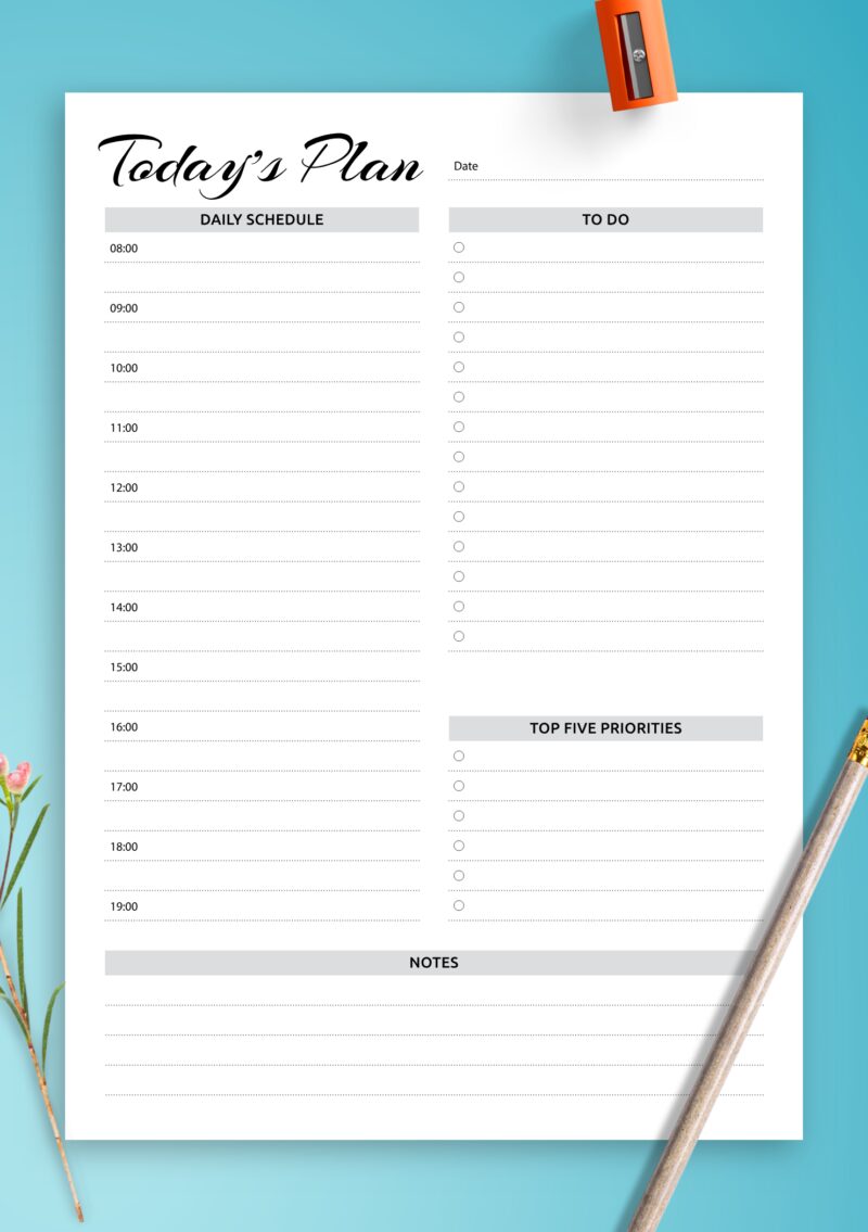 Daily planner with hourly schedule & to-do list – military time format