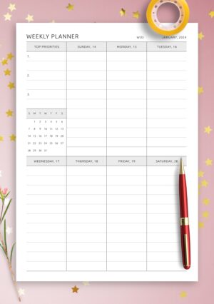 One-Page Weekly Schedule with All Days Equal Size